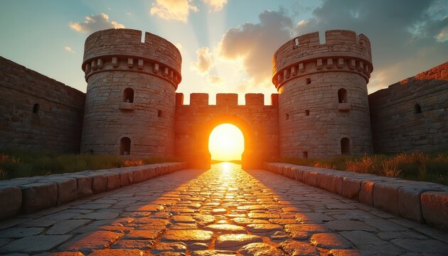 Ancient stone fortress gate towers glow at sunset. Warm golden light illuminates weathered walls, cobblestone path. Historical architecture evokes medieval adventure, journey, cultural heritage.