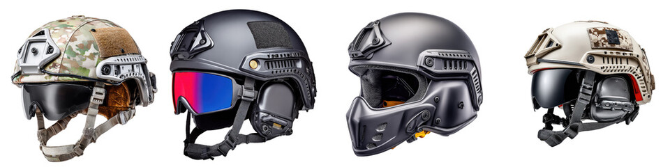 Various Stylish Military Helmets with Visors for Tactical Operations and Safety Equipment Display