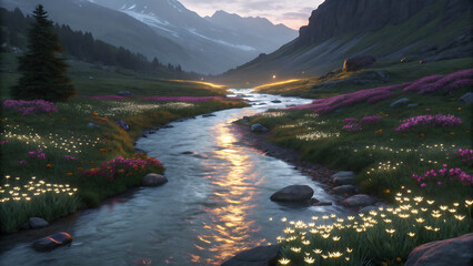 Serene mountain river at sunset, flowing through vibrant wildflowers and glowing flora, idyllic landscape.