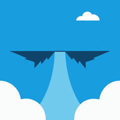 Vector art of abstract illustration of a floating island with a waterfall and clouds