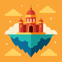 Vector art of floating island with a red and gold building and clouds, orange sky