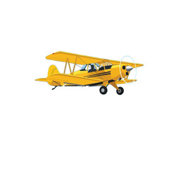 A bright yellow biplane soars against a stark black background, showcasing its intricate design and dynamic flight.