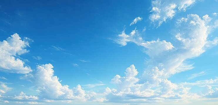 Bright blue sky filled with various white fluffy clouds on a clear sunny day