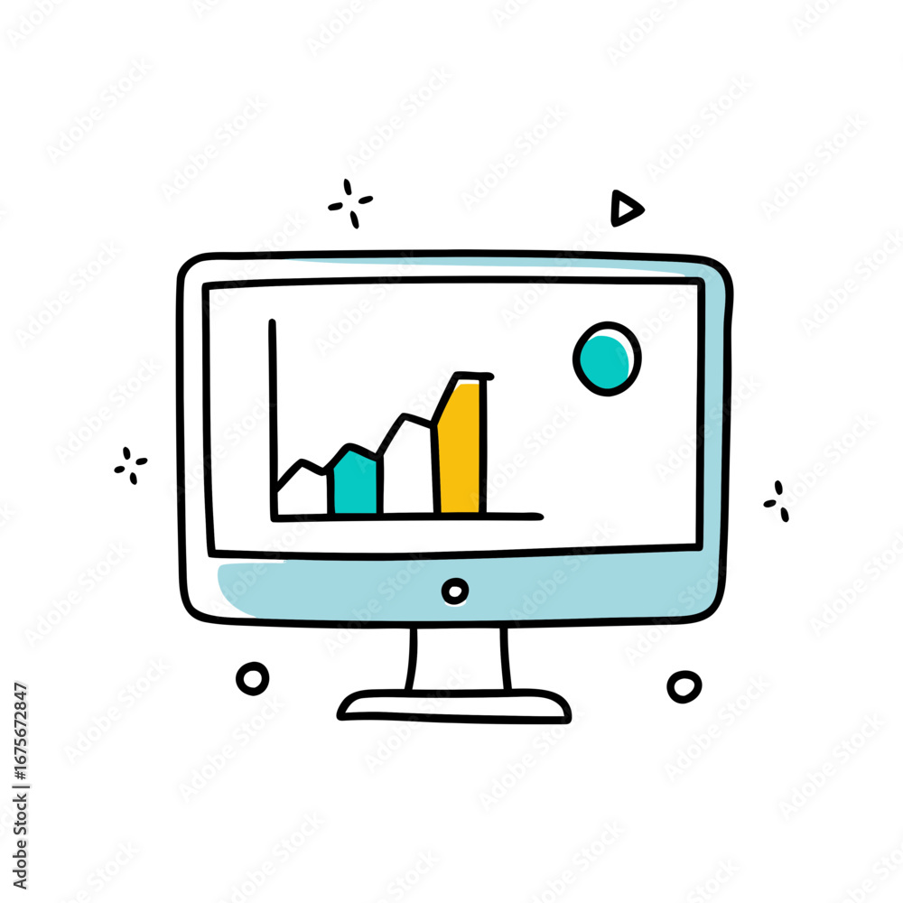 Poster vector art of handdrawn computer monitor displaying a growing bar chart graph