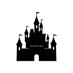 Obraz premium Dark silhouette of a majestic fairytale castle, complete with towers and banners, against a pure black background.
