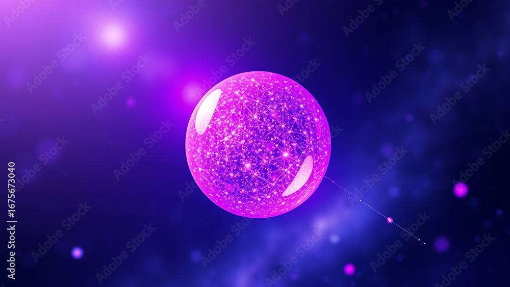 Poster glowing particle 3d sphere in the universe abstract glittering energy orb of purple particles in the