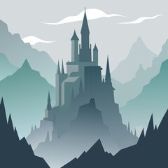 Vector art of mysterious medieval castle perched on a misty mountain landscape