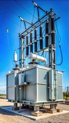 Fototapeta premium High Voltage Oil-Filled Power Transformer at Electrical Substation Under Blue Sky