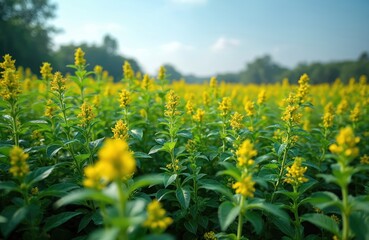 Obraz premium Field of pigeon pea plants in floral stage. Blooming yellow Cajanus cajan flowers, also known as red gram or tur, perennial legume from Fabaceae family, thrives in this agricultural farm setting.