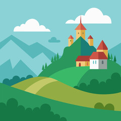 Fototapeta premium Vector art of picturesque rolling hills with a castle on a mountaintop