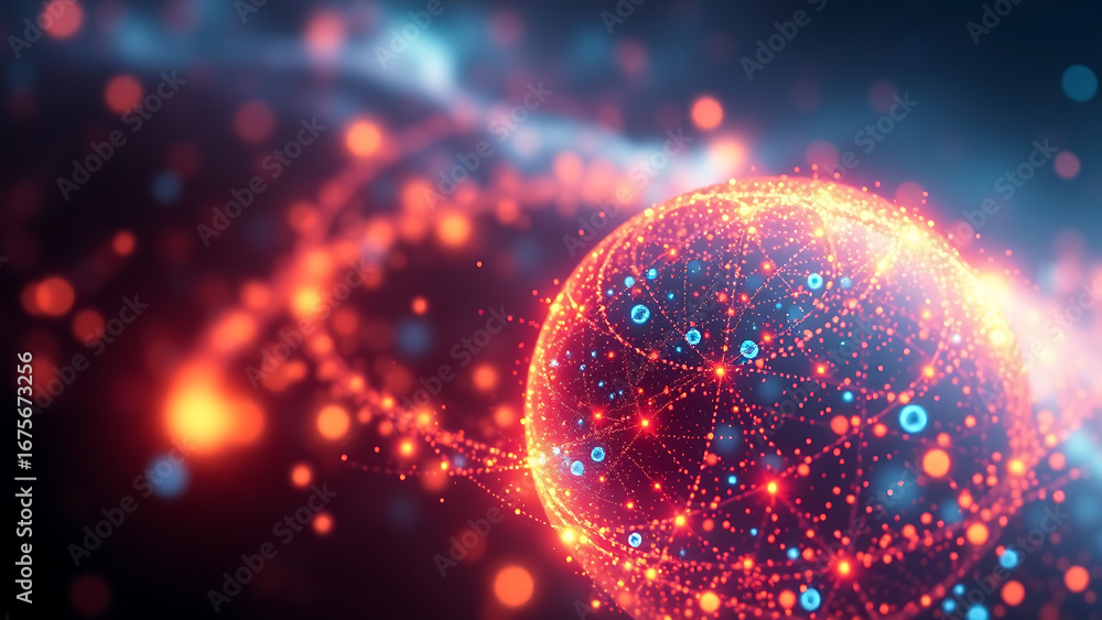 Poster glowing vibrant particle 3d sphere in the universe abstract technology science engineering and artif