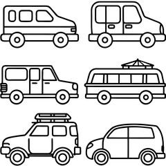 Collection of simple line art vehicles including cars and vans