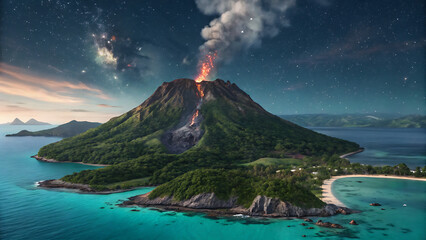 Volcanic Island Eruption at Night: Dramatic Aerial View of Tropical Paradise under Starry Sky