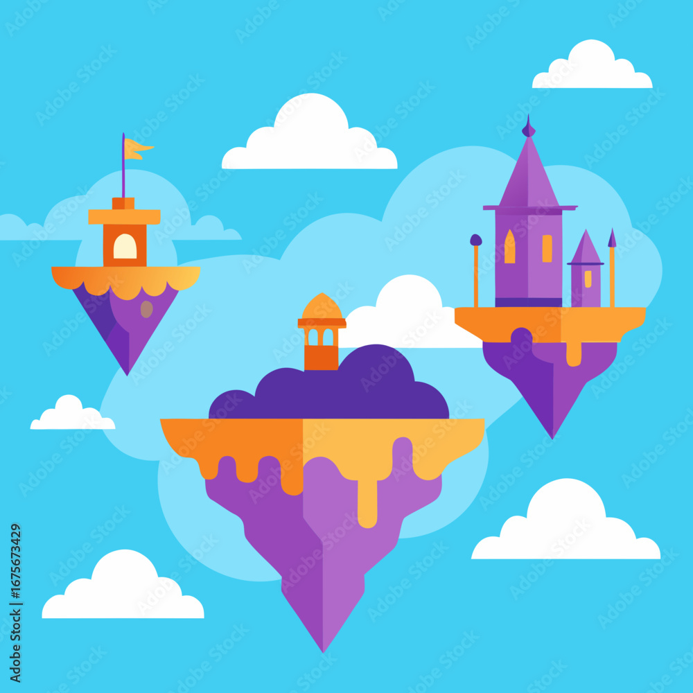 Poster vector art of multiple floating islands with fantastical structures against a blue sky