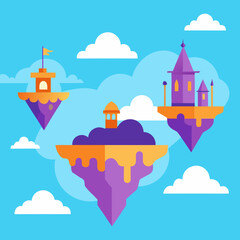 Vector art of multiple floating islands with fantastical structures against a blue sky