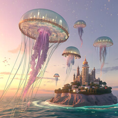 Enchanted Island: Bio-luminescent Jellyfish Illuminate Fairytale Castle at Sunset