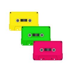 Obraz premium Three vibrant cassette tapes, layered in bright yellow, green, and pink, create a retro-inspired graphic design.