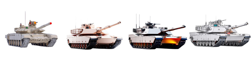 Military Vehicles Showcase of Armored Tanks from Different Nations on a White Background