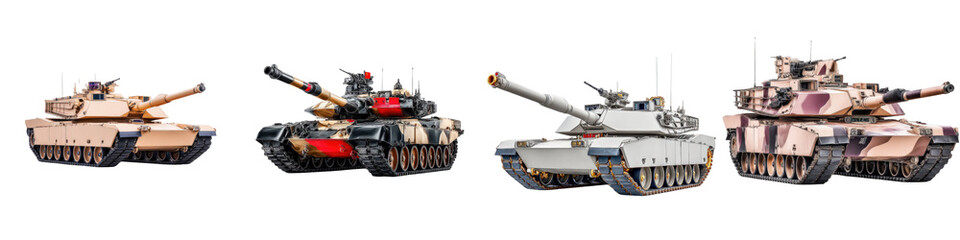 Military Tanks Displayed in a Row Showing Different Models and Camouflage Patterns in a Clear Background