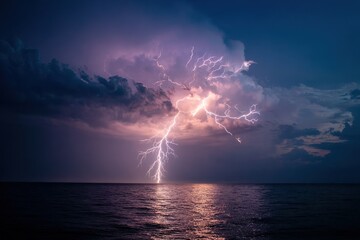 Fototapeta premium Striking lightning illuminates dark clouds above calm ocean waters during a dramatic evening storm
