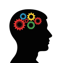 Colorful gears overlay a silhouette of a head, symbolizing the complex workings of the mind.