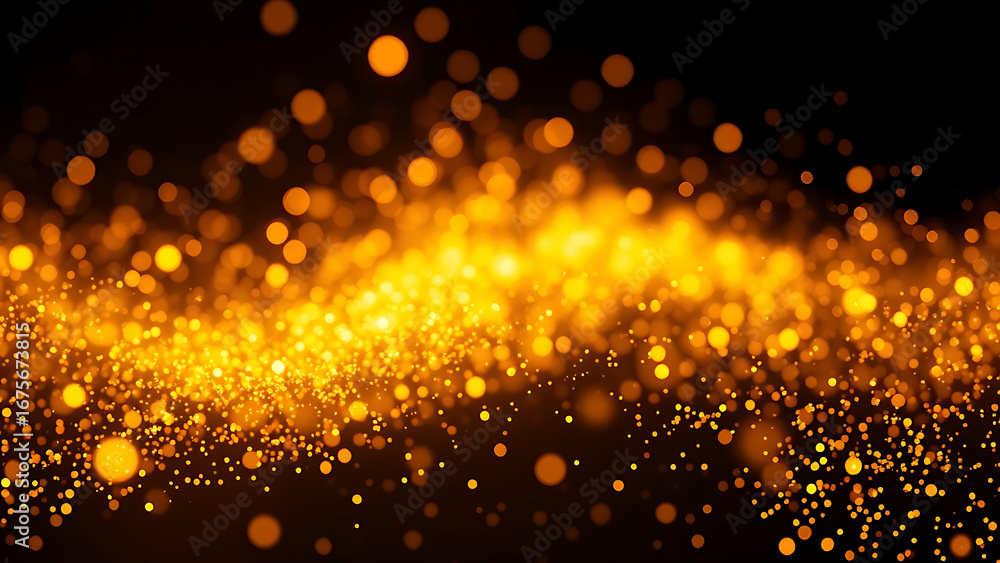 Poster golden shining particles slowly flowing on dark background with soft light and bokeh gold particles