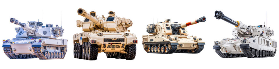 Military Tanks Diverse Range Showcase with Various Armaments and Designs on Isolated Background