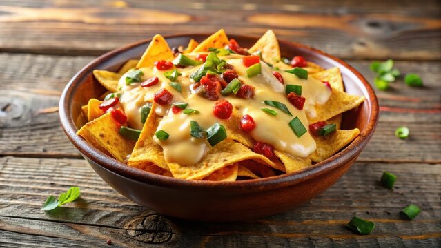 A bowl of nachos with melted cheese and a sprinkle of paprika on top