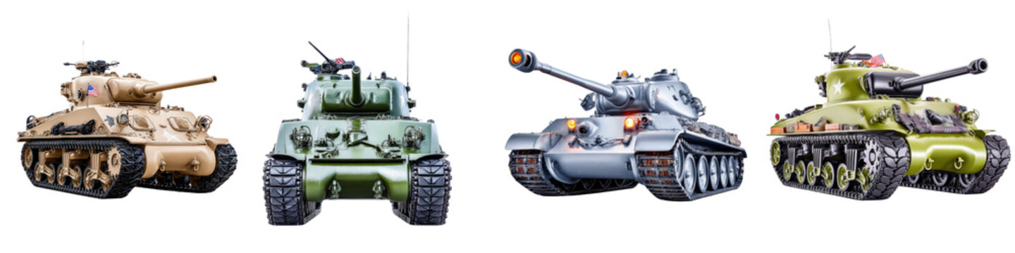 Four Distinct Military Tanks Showcasing Varied Designs and Colors Against a White Background