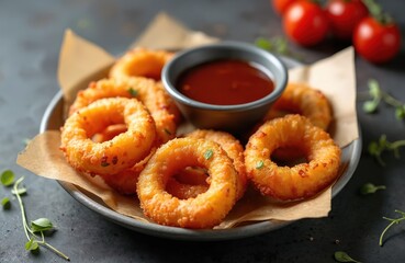 Crispy golden onion rings served with BBQ sauce on plate. Battered, fried vegetable snack, perfect for lunch dinner. Delicious American fast food, often paired with fries, presented with selective