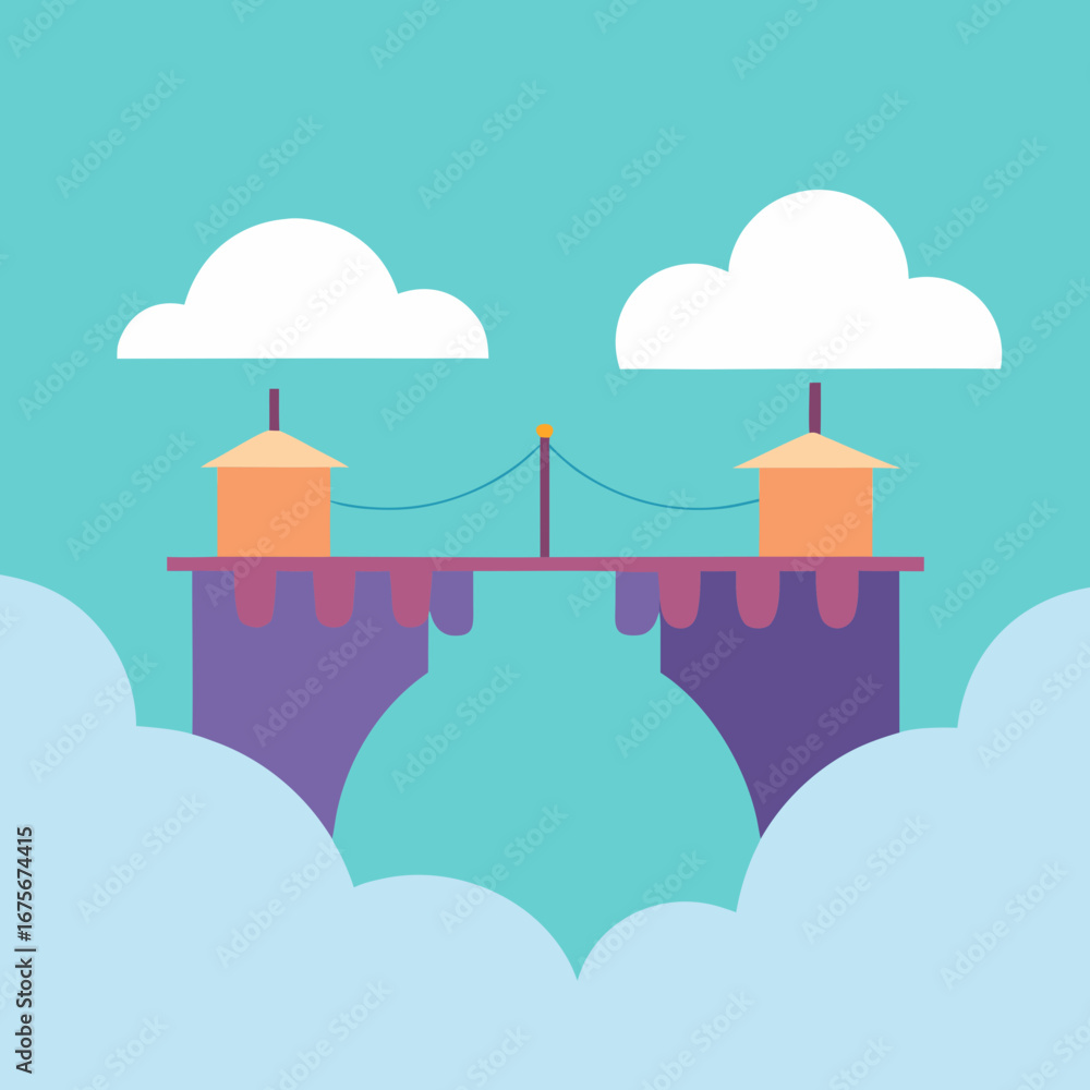 Poster vector art of fantasy bridge connecting two islands in the sky with clouds