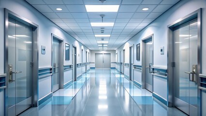 Busy hospital corridor with multiple doors leading to different wards