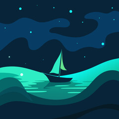 Naklejka premium Vector art of sailboat on the water at night under a starry sky with clouds