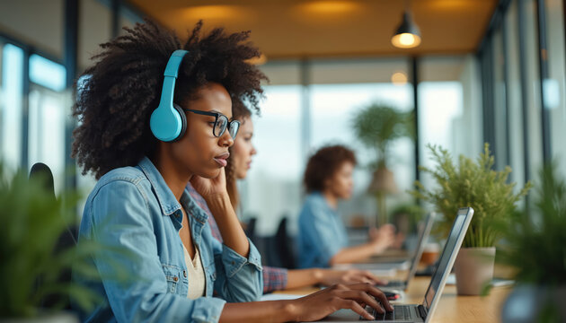 Neurodivergent black woman wears blue headphones, glasses, working intently on laptop in modern office. Noise canceling tech helps focus amidst sensory overload, autism spectrum distress. Types, - Powered by Adobe