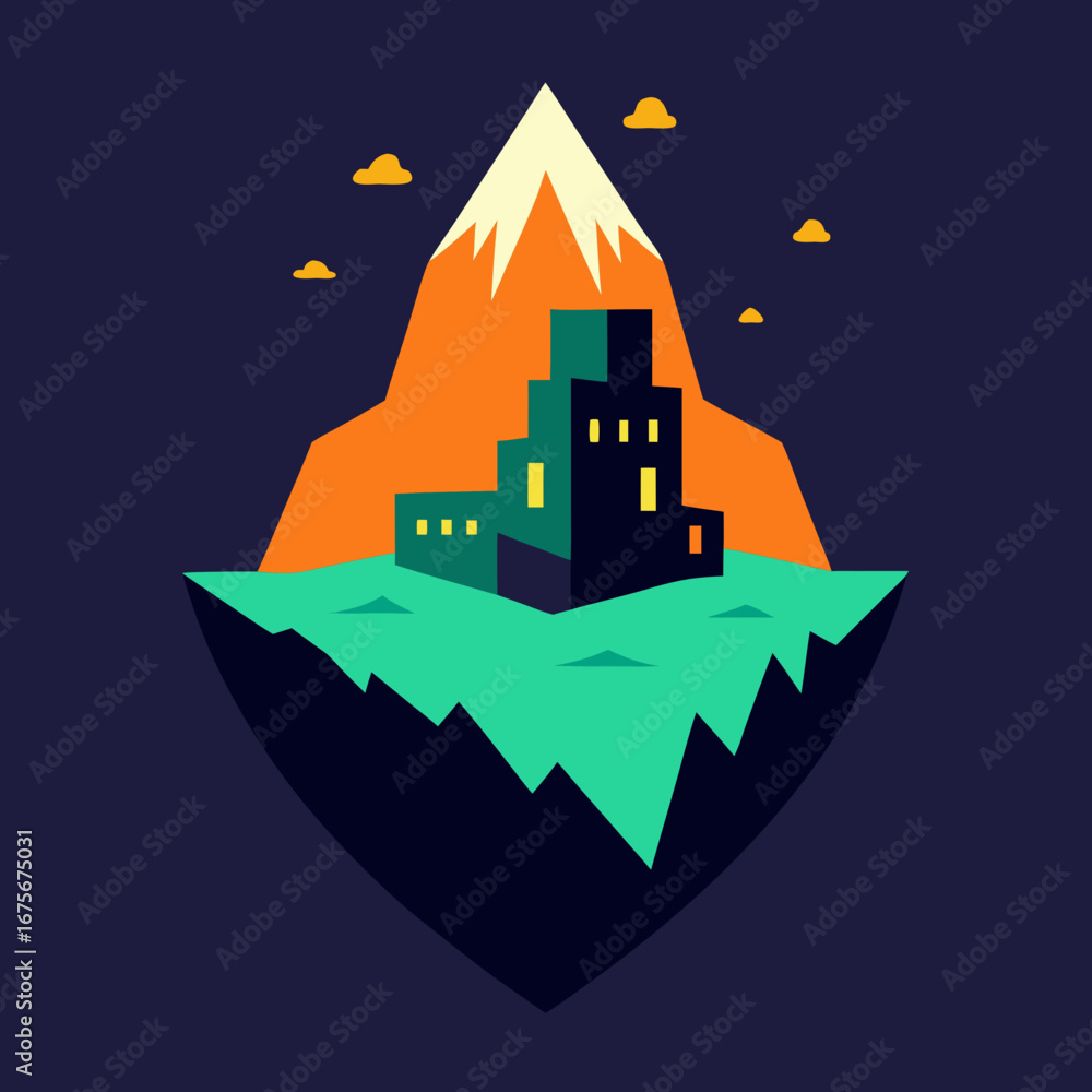Poster vector art of fantasy floating island with a blocky building and snowy mountain backdrop
