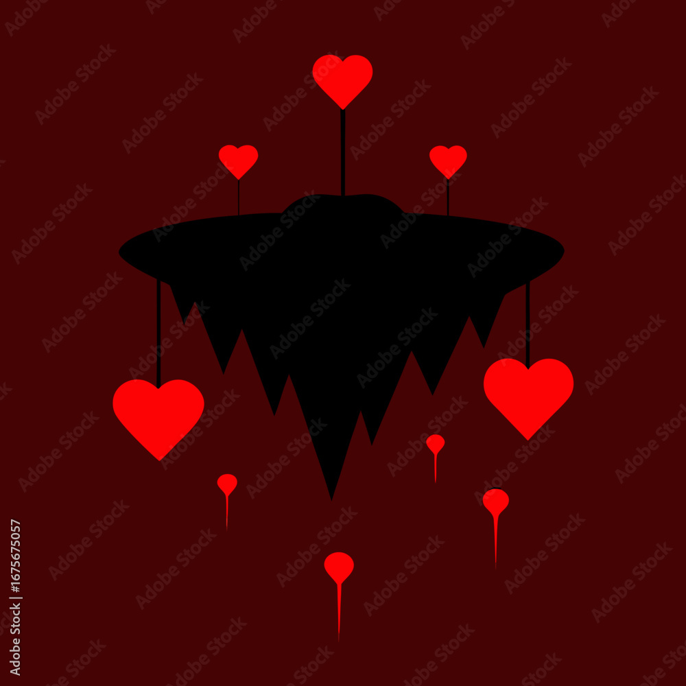 Aufkleber vector art of a dark, abstract shape with glowing red hearts floating around it