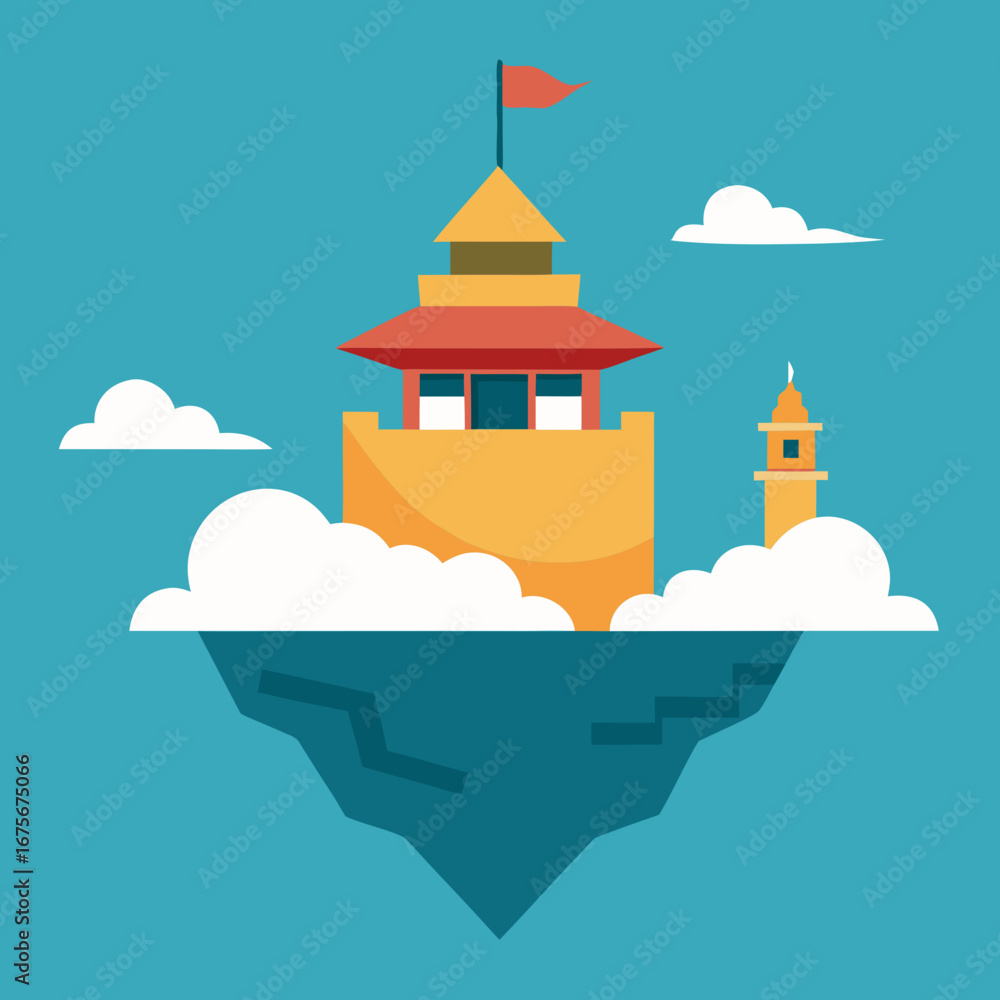 Poster vector art of a floating island with a colorful tower and clouds in a blue sky