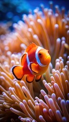 A bright orange clown fish swimming alongside a sea anemone in a coral reef environment