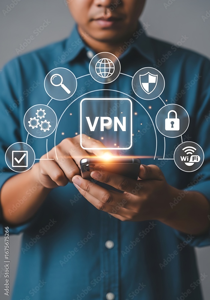 Poster man using smartphone with v p n connection icons image