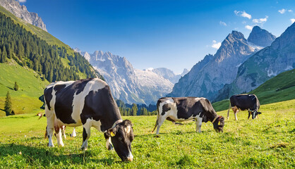 Swiss cows graze in the field at mountain	