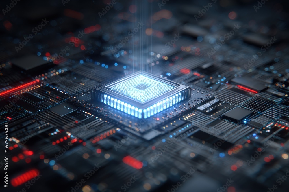 Poster latest generation chip accelerator processor illustration showcasing advanced technology and intrica