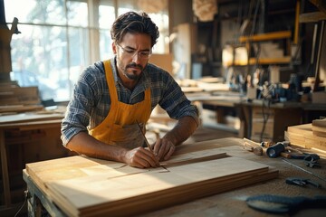 Focused young male carpenter in glasses and apron measuring and marking wood in a sunlit workshop filled with tools and wooden planks