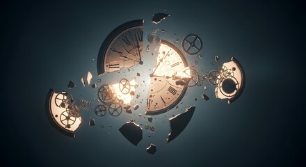 Broken clock, concept of time, broken clock with flying gears and broken mechanism