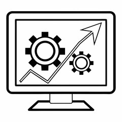 Computer screen showing gears and upward trending graph