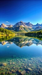 panorama of serene lake with mirrored reflection of surrounding mountains on a clear sunny day