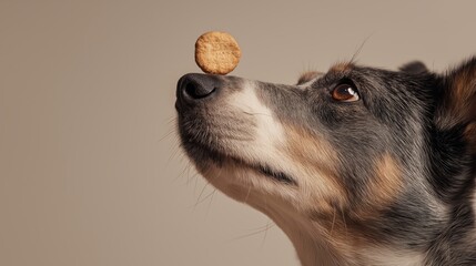 Dog balancing treat on nose for obedience training, pet reward concepts, and dog food brand visuals, close-up side profile, soft background, left side copy space