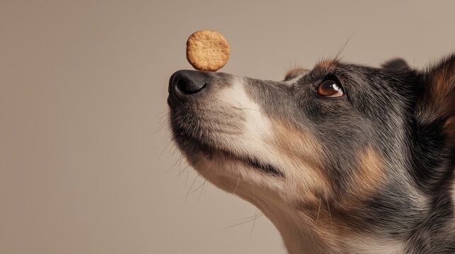 Dog balancing treat on nose for obedience training, pet reward concepts, and dog food brand visuals, close-up side profile, soft background, left side copy space