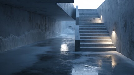 Obraz premium Concrete staircase covered in ice for winter safety awareness, architectural visuals, and public infrastructure planning, cold-toned photorealistic style, outdoor setting, centered composition, no peo