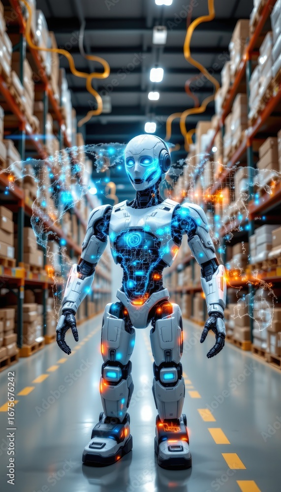 Poster futuristic robot in warehouse with digital elements and high-tech background for innovative technolo