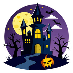 Halloween background with castle and pumpkin